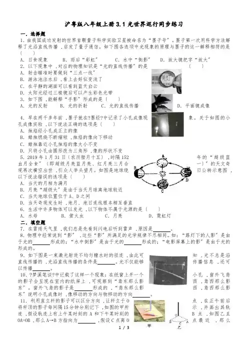 沪粤版八年级上册3.1光世界巡行同步练习