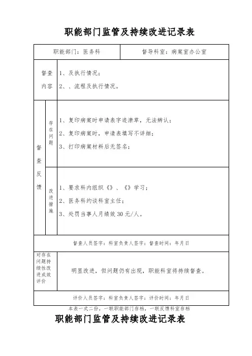 职能部门监管及持续改进记录表 