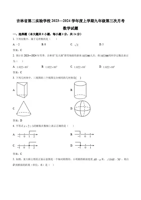 吉林省长春市第二实验中学2024届九年级上学期第三月考数学试卷(含答案)