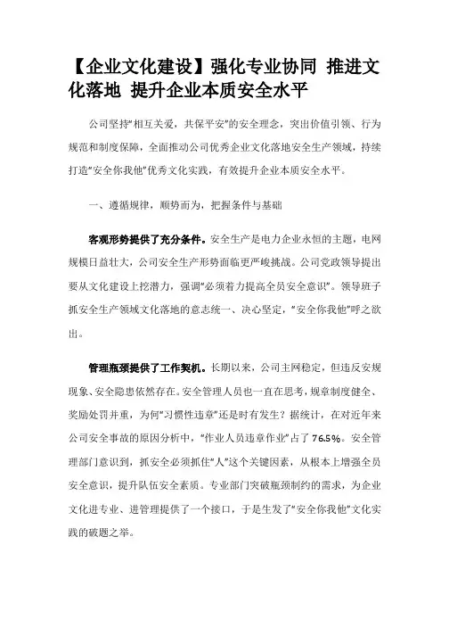 【企业文化】强化专业协同 推进文化落地 提升企业本质安全水平