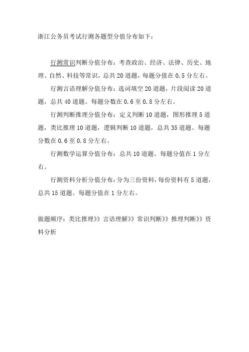 浙江公务员考试行测各题型分值分布如下