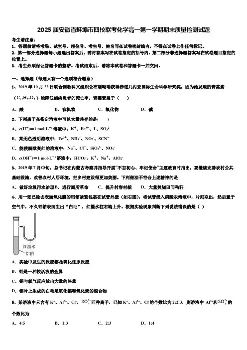2025届安徽省蚌埠市四校联考化学高一第一学期期末质量检测试题含解析