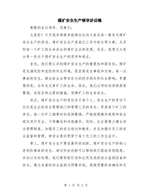 煤矿安全生产领导讲话稿