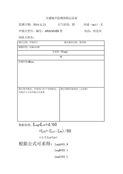 交通噪声监测原始记录表
