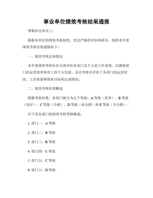 事业单位绩效考核结果通报
