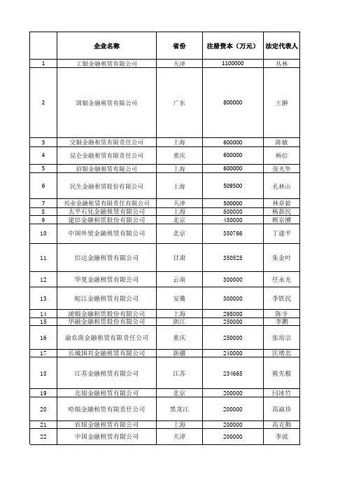 金融租赁公司名单(最新)