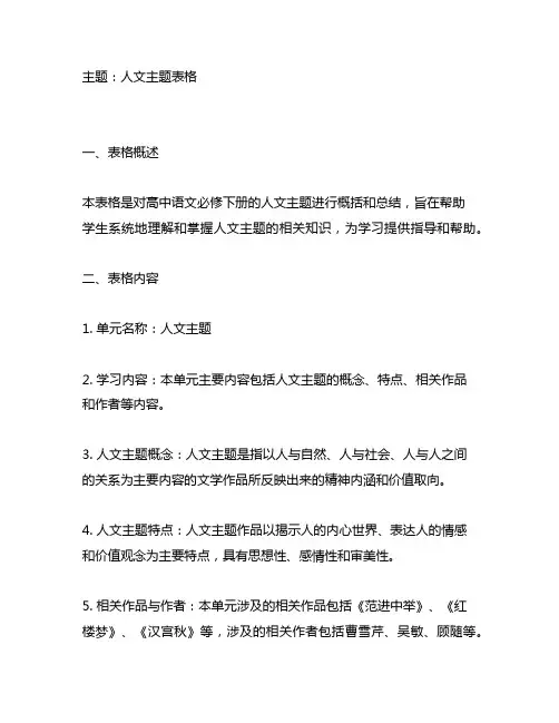 部编版高中语文必修下册单元人文主题表格
