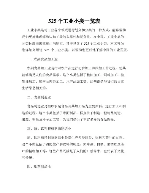 525个工业小类一览表