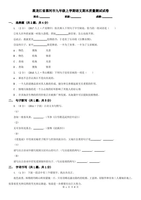 黑龙江省黑河市九年级上学期语文期末质量测试试卷