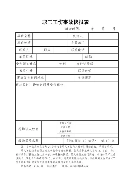 职工工伤事故快报表