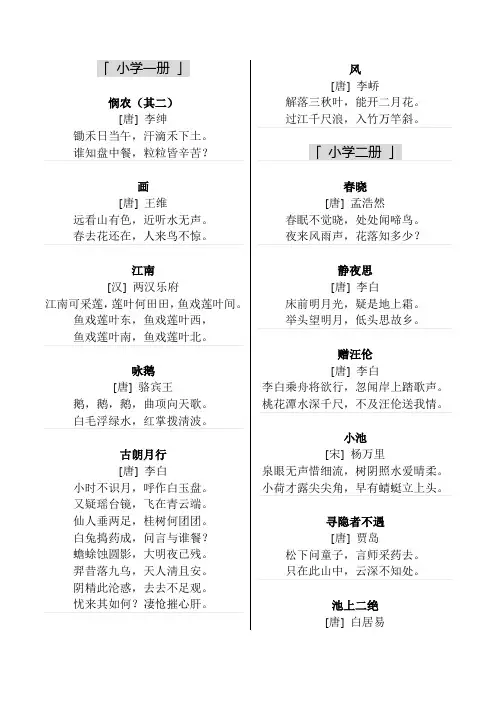 小学语文课本古诗文篇目(1-12册,整理自西窗烛)