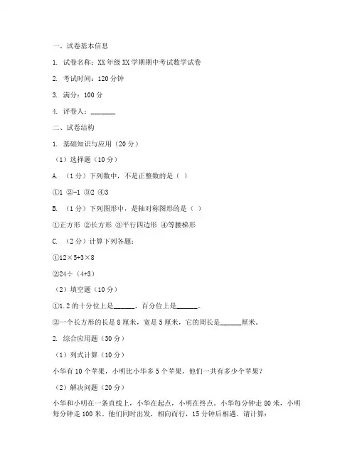 小学数学试卷排版模板