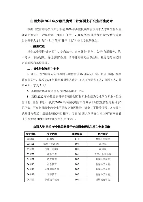 山西大学2020年少数民族骨干计划硕士研究生招生简章