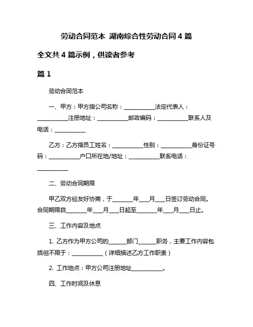 劳动合同范本 湖南综合性劳动合同4篇