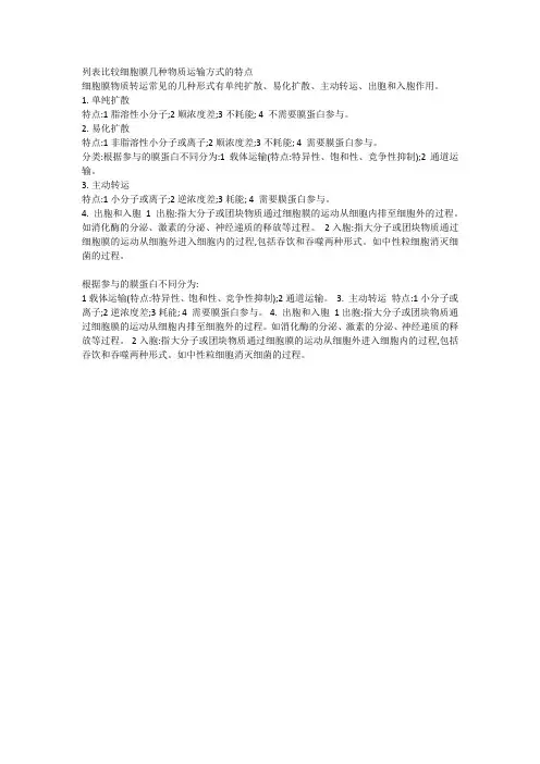 列表比较细胞膜几种物质运输方式的特点