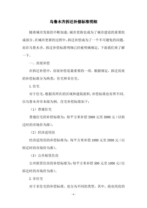 乌鲁木齐拆迁补偿标准明细