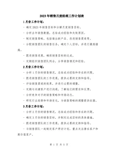 2023年销售月度经理工作计划表