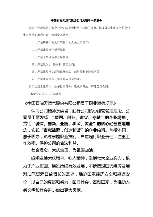 中国石油天然气集团公司反违章六条禁令