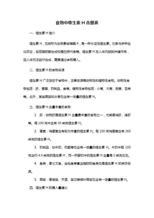 食物中维生素h含量表