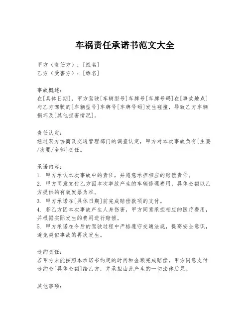 车祸责任承诺书范文大全