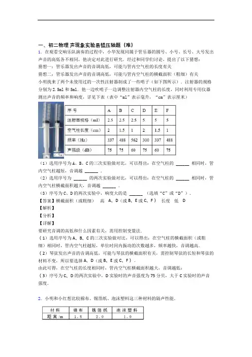 南京玄武区外国语学校物理声现象实验易错题(Word版 含答案)