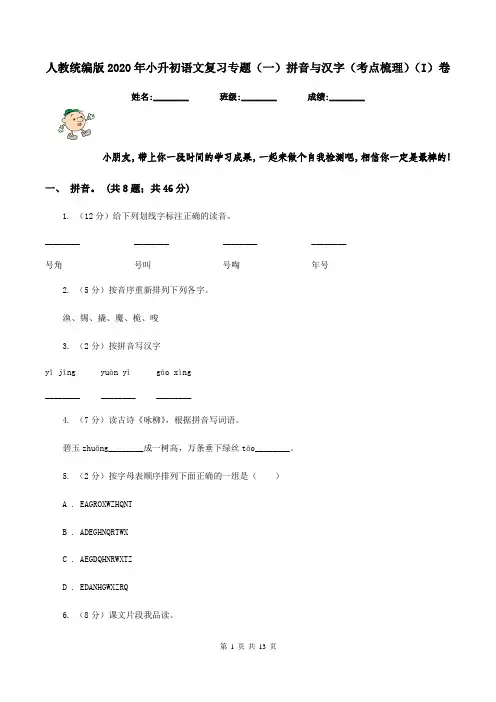 人教统编版2020年小升初语文复习专题(一)拼音与汉字(考点梳理)(I)卷