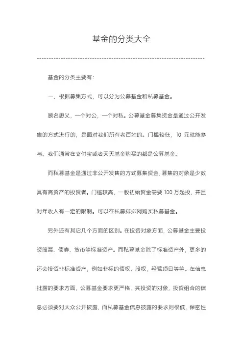 基金的分类大全