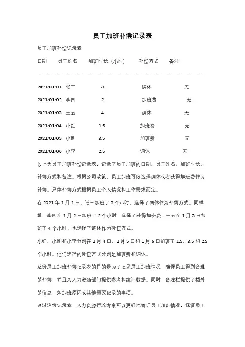 员工加班补偿记录表