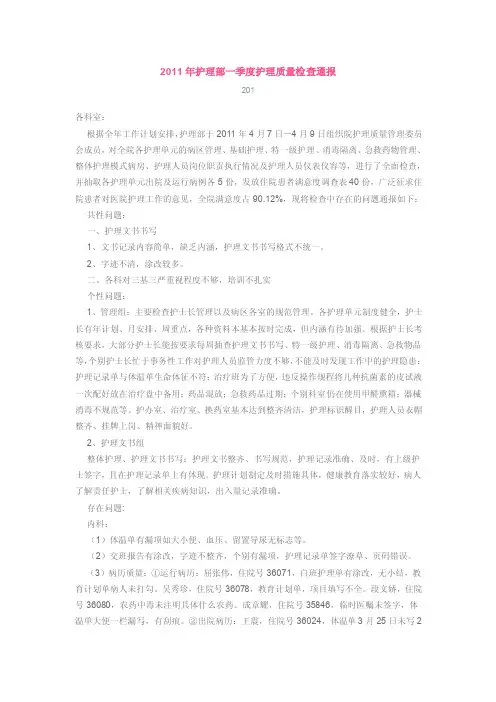 【最新精选】2016年护理部一季度护理质量检查通报
