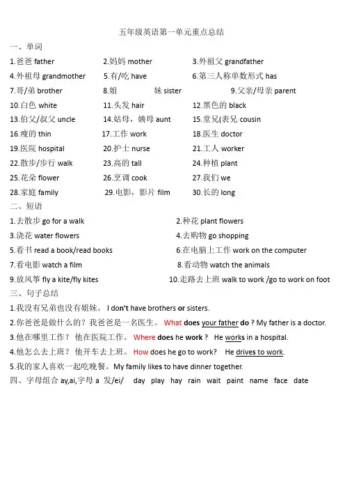冀教版英语 五年级上册 期末总结  单词 短语 句子 知识点