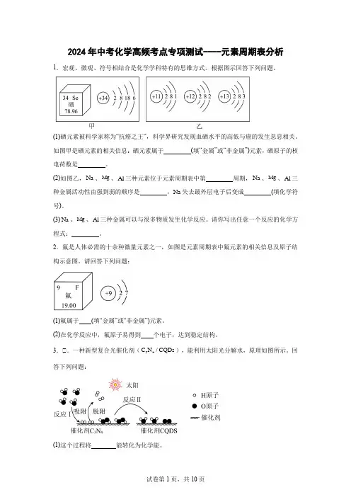2024年中考化学高频考点专项测试元素周期表分析