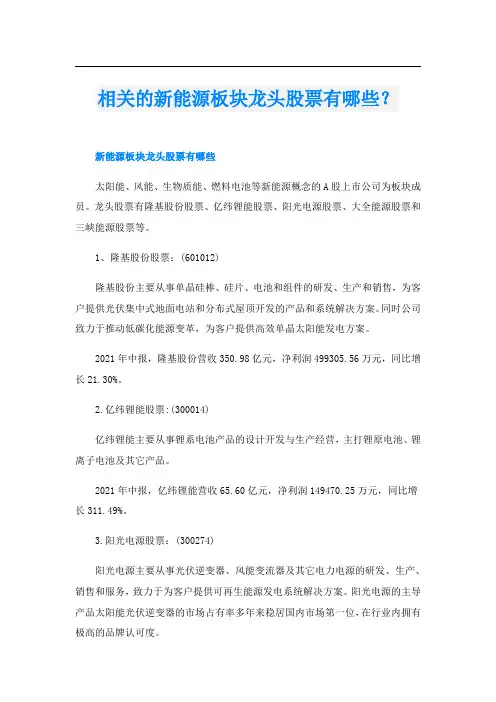相关的新能源板块龙头股票有哪些？