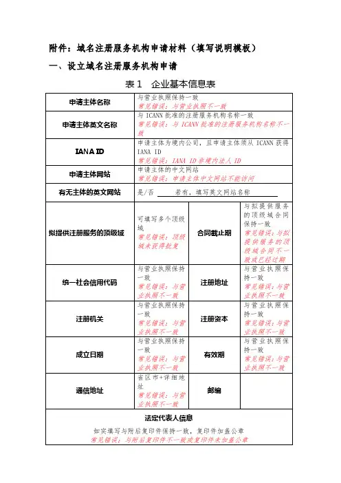 域名注册服务机构申请材料填写说明模板