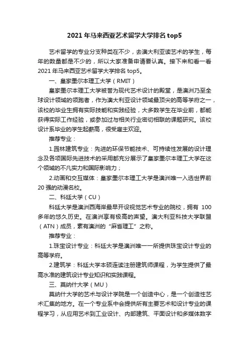 2021年马来西亚艺术留学大学排名top5