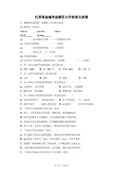 最新整理江苏省盐城市盐都区小升初语文试卷和答案解析