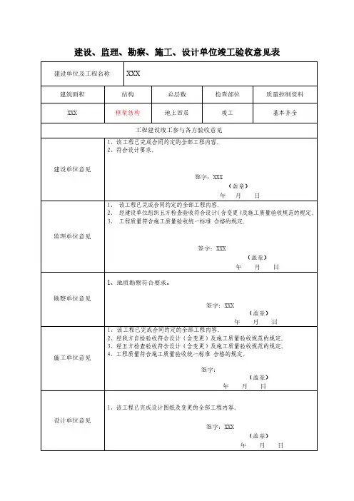 五方单位竣工验收意见表