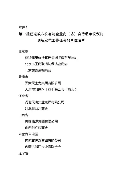 第一批已完成非公有制企业商(协)会劳动争议预防调解示范工作任务的单位名单