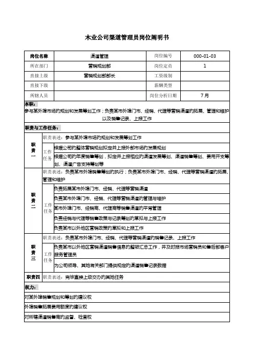 木业公司渠道管理员岗位专项说明书