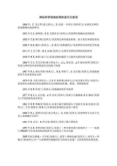 神经科学领域获得的诺贝尔奖项