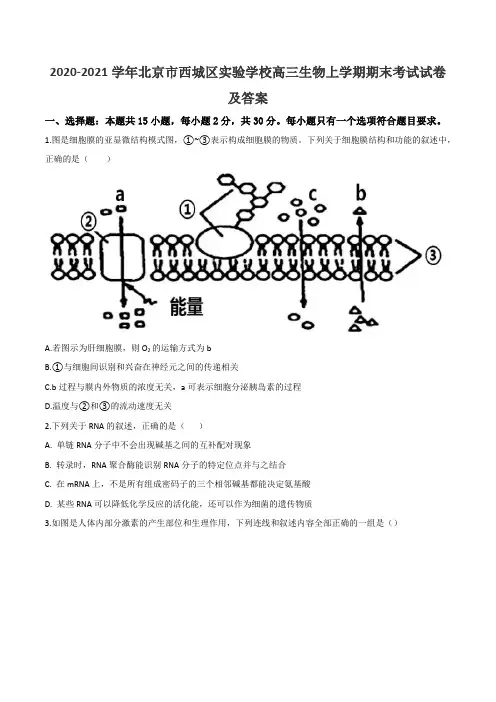 2020-2021学年北京市西城区实验学校高三生物上学期期末考试试卷及答案