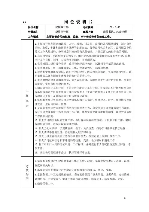 纪察审计部岗位说明书