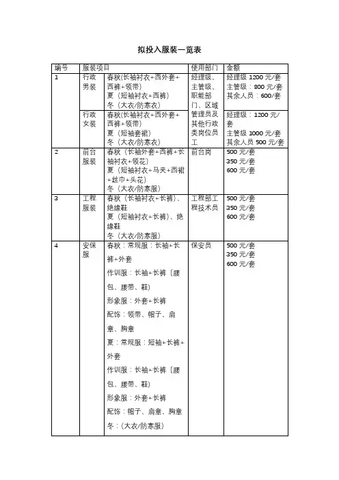 拟投入服装一览表