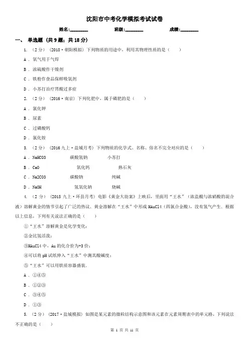 沈阳市中考化学模拟考试试卷