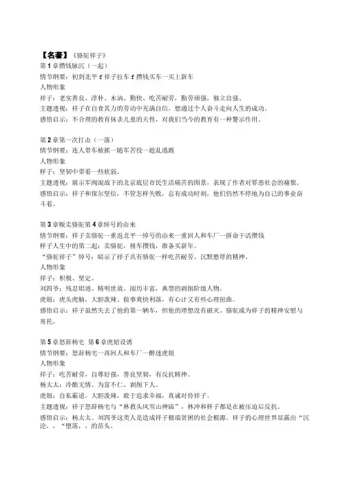 第三单元名著导读《骆驼祥子》章节内容概括 部编版语文七年级下册