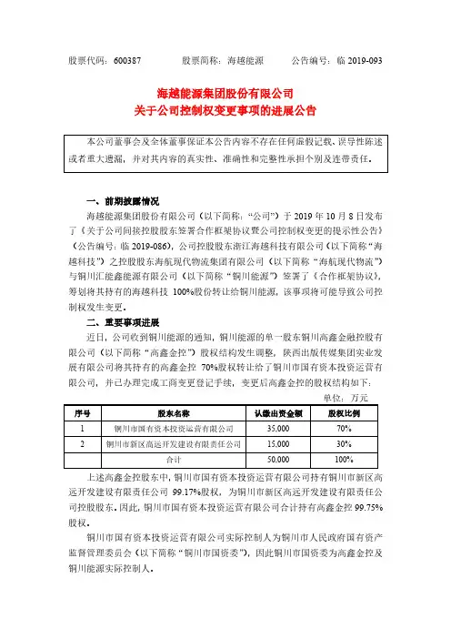 海越能源:关于公司控制权变更事项的进展公告
