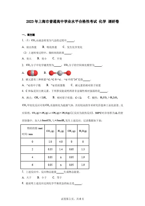 2023年上海市普通高中学业水平合格性考试化学调研卷