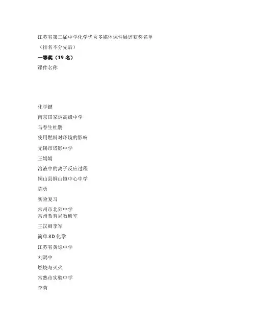 江苏省第三届中学化学优秀多媒体课件展评获奖名单及资料