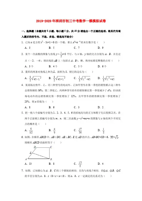 2019-2020年深圳市初三中考数学一模模拟试卷