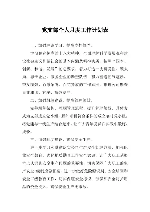 党支部个人月度工作计划表