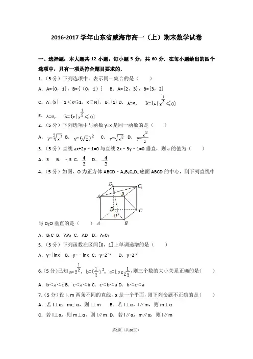 2016-2017学年山东省威海市高一(上)期末数学试卷